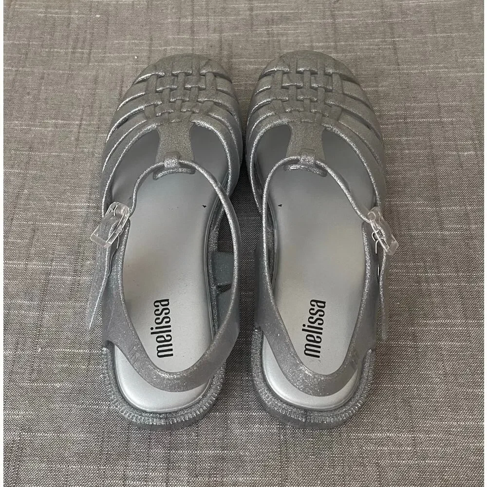 New Melissa Possession Girls Size 5 Silver Glitter Jelly Sandals